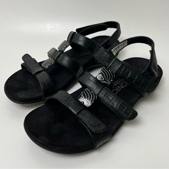 Vionic Amber Strappy Slide Sandals Croc Embossed Black Adjustable Straps Size 9 - Picture 3 of 9